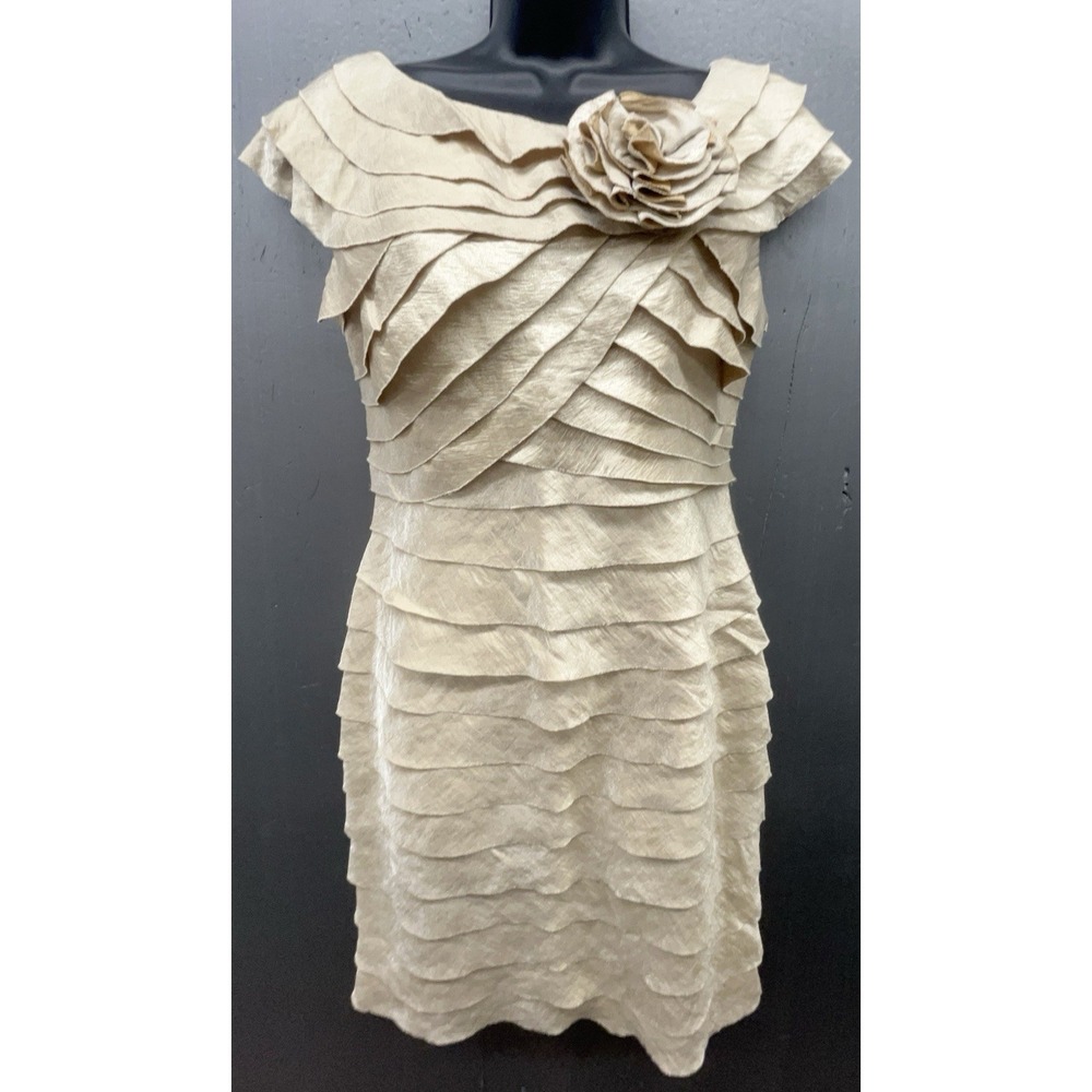 London Times Dress‎ 10P Beige Shimmer Shutter Pleats Flower Y2K Cocktail Party
